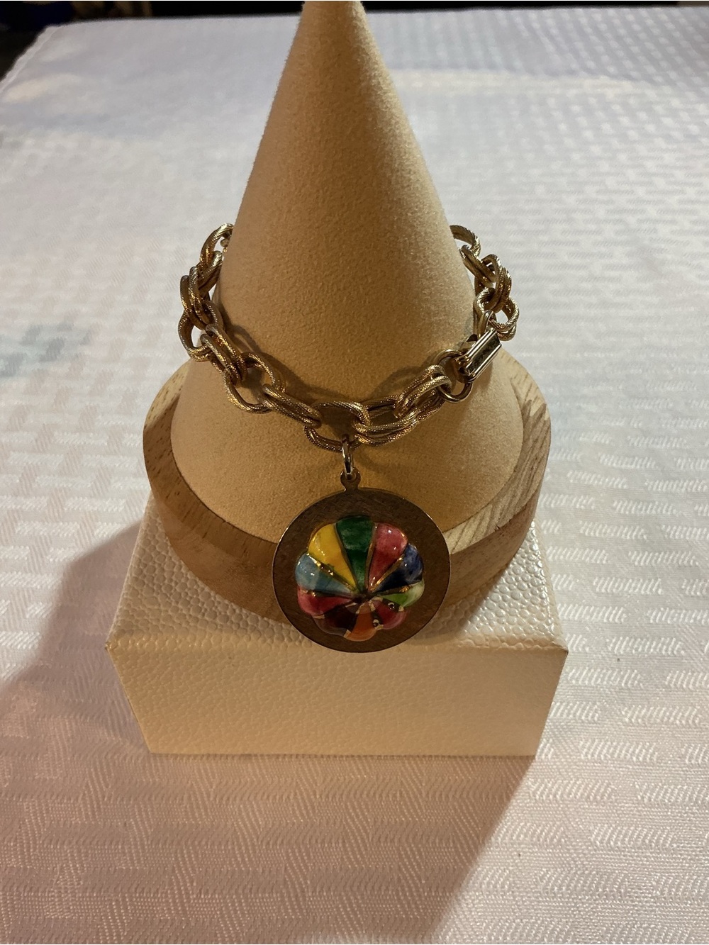 Rainbow Enamel Umbrella Charm Gold Tone Bracelet - Retro MCM Stack